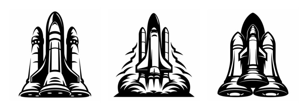 Three detailed rocket launch pad structures showing iconic space shuttle designs ready for liftoff