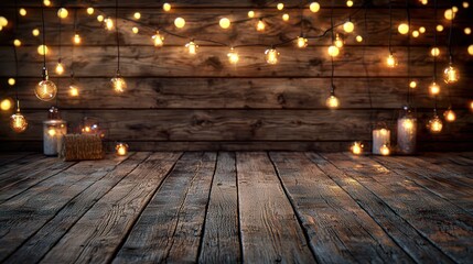 Rustic wooden backdrop, warm lights, candles, product display
