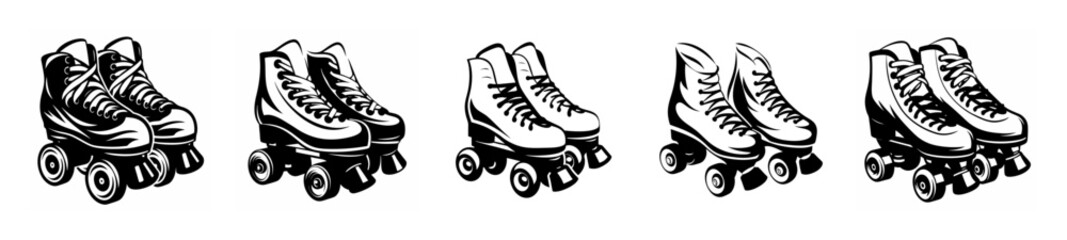 Set of five retro roller skates with four wheels each arranged in a line for active fun