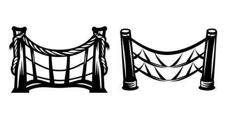 Two black and white line art renderings of rope bridges featuring wooden posts and netting