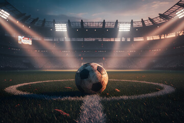 closeup football on turf in modern arena at sunset championship match