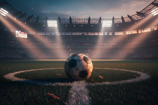 closeup football on turf in modern arena at sunset championship match
