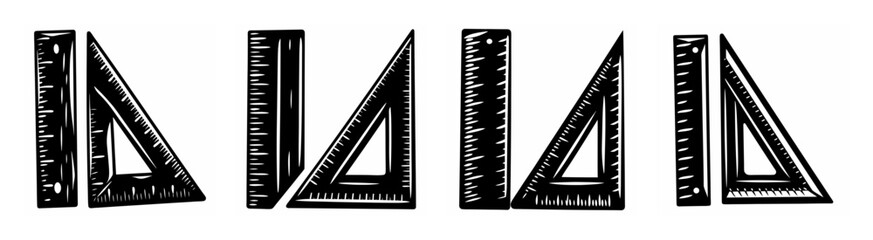 Set of four drafting triangles and rulers a pair of geometric measuring tools for drawing precise lines and angles.