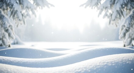 Snowy forest scene with soft light and falling snowflakes