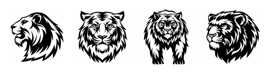Striking saber-tooth tiger portraits four powerful big cat designs showcasing fierce roaring expressions