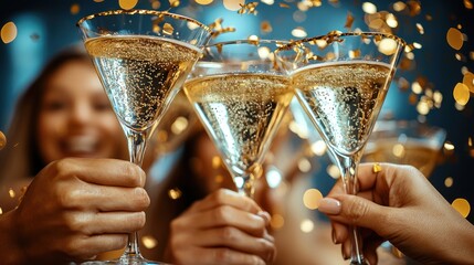 Friends toasting champagne, party, celebration, confetti
