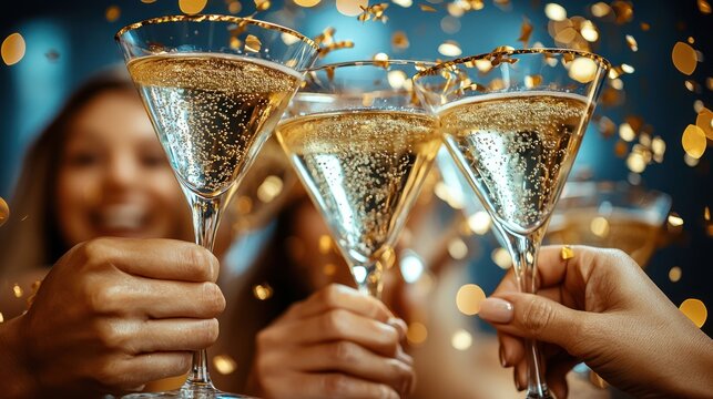 Friends toasting champagne, party, celebration, confetti