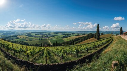 Obraz premium Vineyards stretching across rolling hills under a bright blue sky with clouds, overlooking lush countryside scenery.