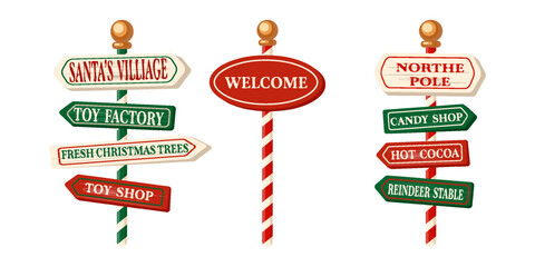 Set of Winter holiday xmas signs for north pole Christmas different directions arrows boards Vector illustration isolated transparent background. Winter holiday Xmas symbol.