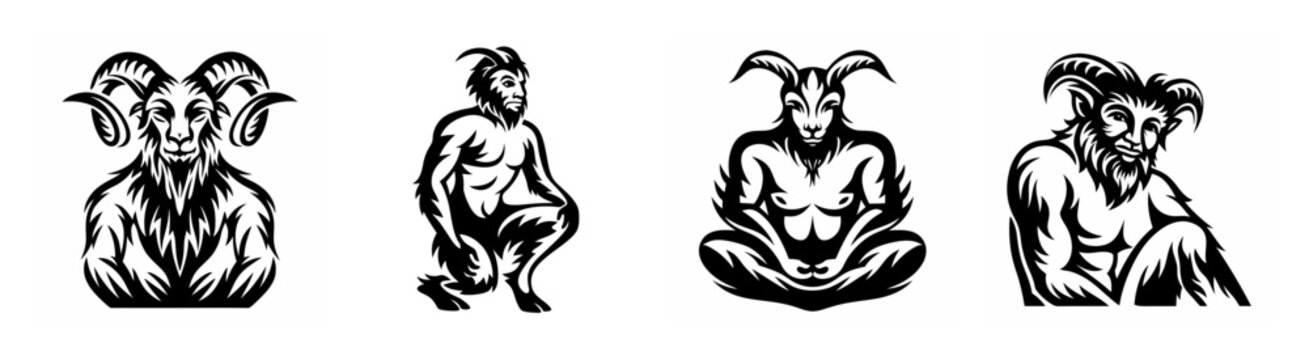 Four distinctive satyr figures in pen and ink style offering a glimpse into mythological creatures and ancient tales