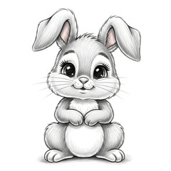 Obraz premium A cute pencil sketch of a bunny sitting upright, with clasped paws, large eyes, and a gentle smile against a white background.
