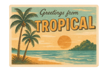 Vintage tropical beach sunset postcard with palm trees
