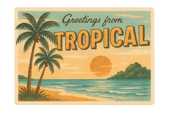 Vintage tropical beach sunset postcard with palm trees - Powered by Adobe