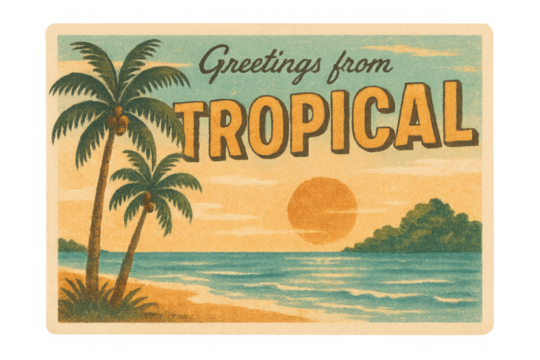 Vintage tropical beach sunset postcard with palm trees - Powered by Adobe