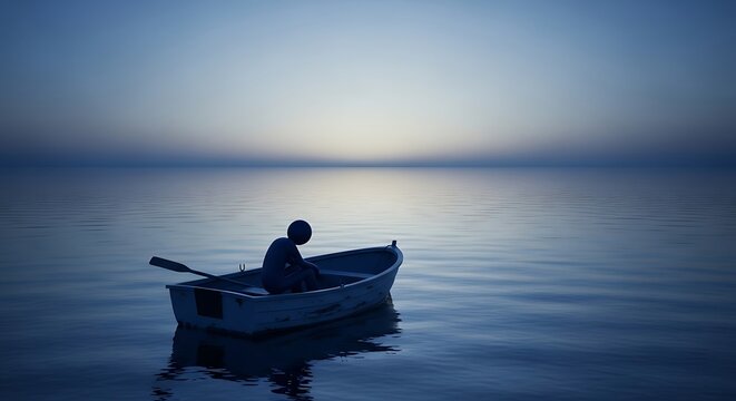 Solitary Figure in Rowboat Drifting on Calm Misty Horizon at Dusk.