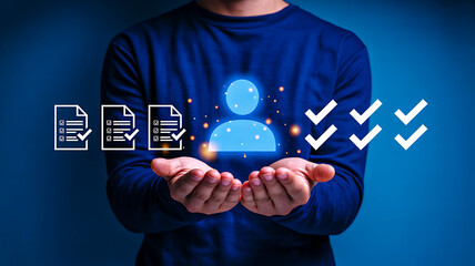 Person holding glowing user icon with document and checkmark symbols representing digital identity verification and data processing