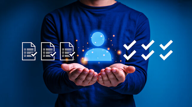 Person holding glowing user icon with document and checkmark symbols representing digital identity verification and data processing