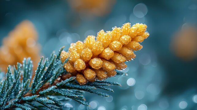 Dew-kissed pine cone, spring, forest, bokeh background, nature - Powered by Adobe