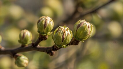 Close-up of flower buds on a branch, indicating early bloom stage. The plant's growth and development. Nature and botanical scene. The focus on budding flowers and plant life