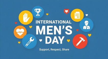 Celebrating International Men's Day with symbols of support, respect, and achievement.