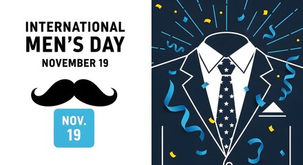 Celebrating International Men's Day with style, a mustache and festive confetti.