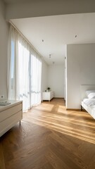 Fototapeta premium Sunlit Serenity: A modern bedroom bathed in natural light, with soft curtains framing a sunlit space. The interplay of light and shadow, the minimalist design, create an atmosphere of calm.