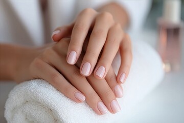 Fototapeta premium Woman's hands with beautiful manicure resting on a white soft towel in a spa for hand care and relaxation