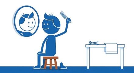 Stylized Blue Figure Combing Hair Mirror Reflection Barber Shop Scene.