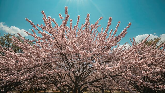Cherry blossom tree in full bloom with pink flowers and clear blue sky.