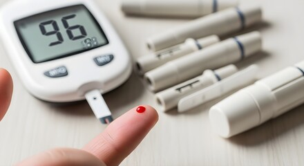 Close-up of finger with blood drop for glucose meter test, indicating health monitoring.