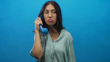 Hispanic woman holding blue handset to ear with pouting lips and coiled cord visible in blue...