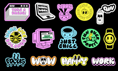 Retro Groovy Vector Stickers Set. Cool Funky Characters Patches. Pop Art Badges.