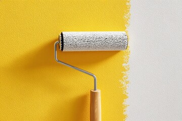 Obraz premium Wall being painted yellow with a paint roller leaving a strip of white, showing interior renovation