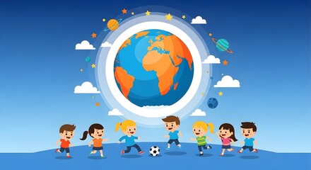 Diverse children playing soccer together around a vibrant globe, symbolizing global unity and childhood joy.