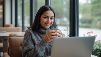 Young woman smiling and holding a coffee cup while working on a laptop in a cozy cafe