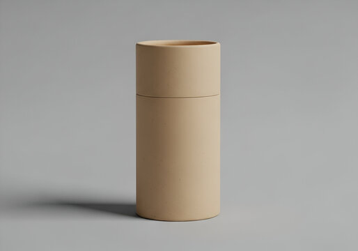 Minimalist tall cylindrical cardboard tube container on a neutral background