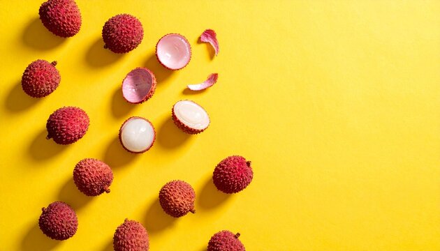 A collection of lychee fruits arranged on a vibrant yellow background
