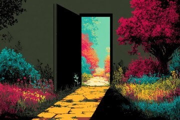 Retro game illustration of a door leading from darkness to color.