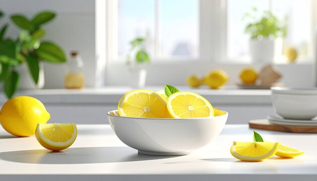 A white ceramic bowl filled with fresh lemons and lemon slices - Powered by Adobe