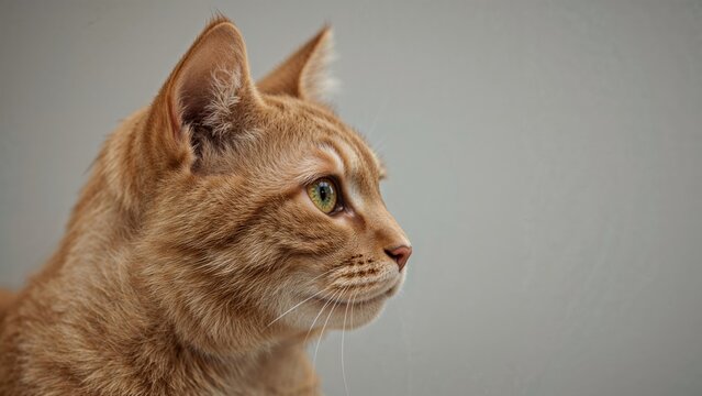 Profile of an orange tabby cat with green eyes and a soft background.