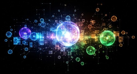 Abstract glowing spheres and digital elements on black background