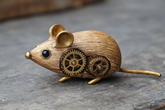 Vintage steampunk computer mouse made of brass and wood with gears.