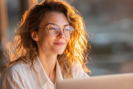Business casual woman on a virtual meeting with warm lighting.