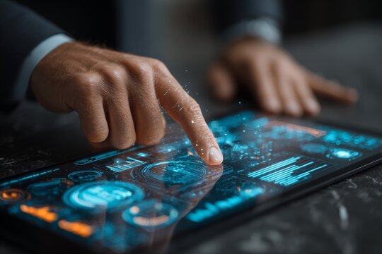 Professional using a futuristic tablet with holographic UI elements.