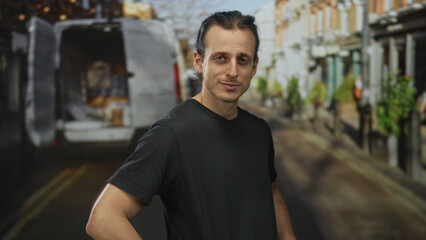 Man hispanic with long hair smiling with hand on hip wearing black t shirt on urban street beside delivery van and storefronts; confidence.