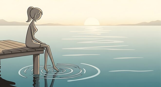 Tranquil Vector Art Woman on Pier Dips Feet in Calm Water at Golden Sunset.