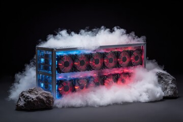 A crypto mining data center with steam vents and glowing GPUs.