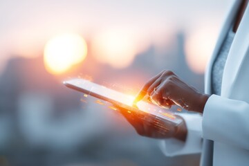Cinematic lighting on a woman's hands swiping a tablet in an office.