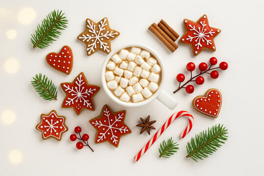 Christmas flat lay with hot chocolate and marshmallows, festive gingerbread cookies, candy cane, cinnamon sticks, berries and fir branches on a white background. Bright cozy holiday mood.