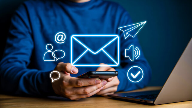 Person holding smartphone with glowing digital communication icons symbolizing messaging, connectivity and mobile interaction